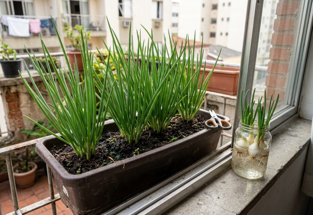 Jardineira com touceiras de cebolinha na varanda e copo com bases de cebolinha enraizando na água