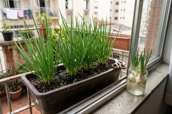 Jardineira com touceiras de cebolinha na varanda e copo com bases de cebolinha enraizando na água
