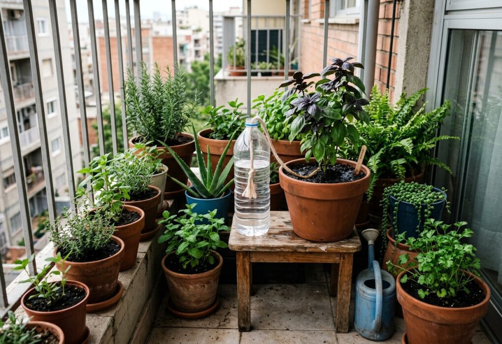 Vasos de temperos agrupados na sombra da varanda, com garrafa de água ligada a um vaso por barbante
