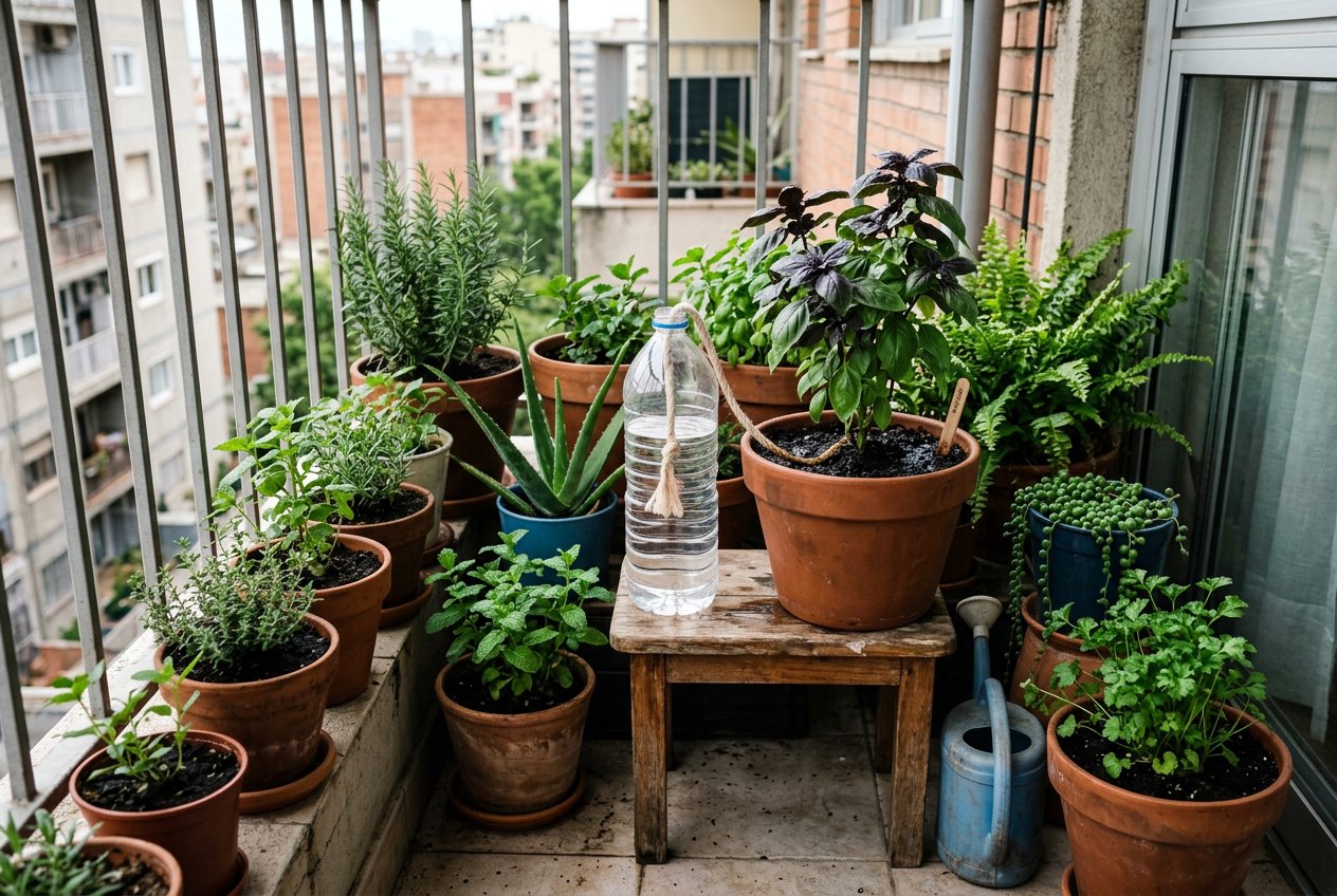 Vasos de temperos agrupados na sombra da varanda, com garrafa de água ligada a um vaso por barbante