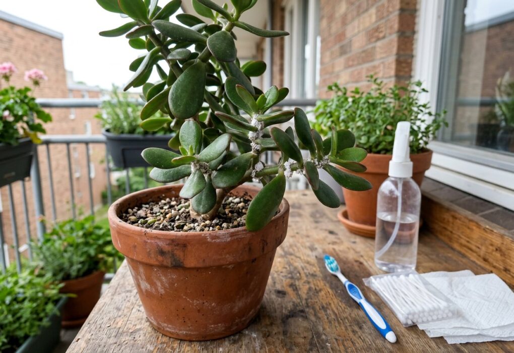 Galho de planta-jade com tufos brancos de cochonilha ao lado de cotonetes e borrifador numa bancada