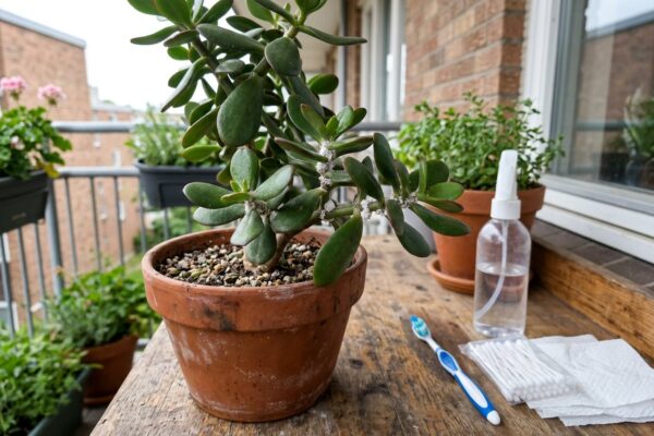 Galho de planta-jade com tufos brancos de cochonilha ao lado de cotonetes e borrifador numa bancada