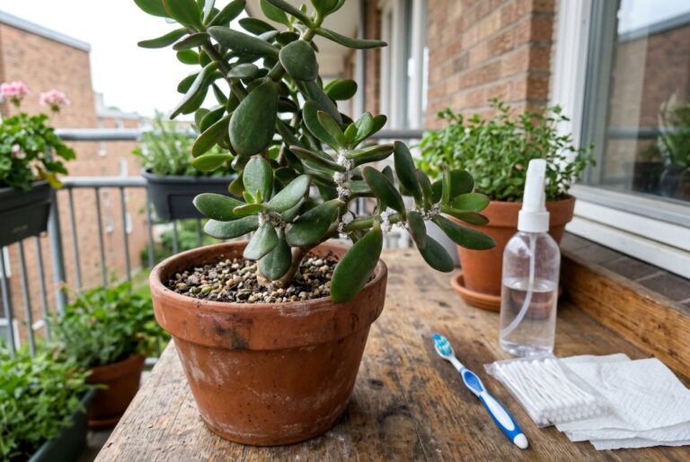 Galho de planta-jade com tufos brancos de cochonilha ao lado de cotonetes e borrifador numa bancada