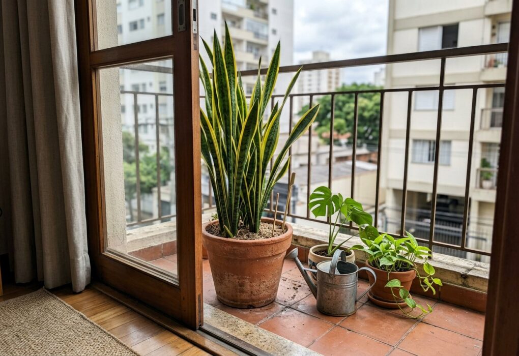 Espada-de-são-jorge em vaso de barro perto da porta da varanda, com palito espetado na terra seca