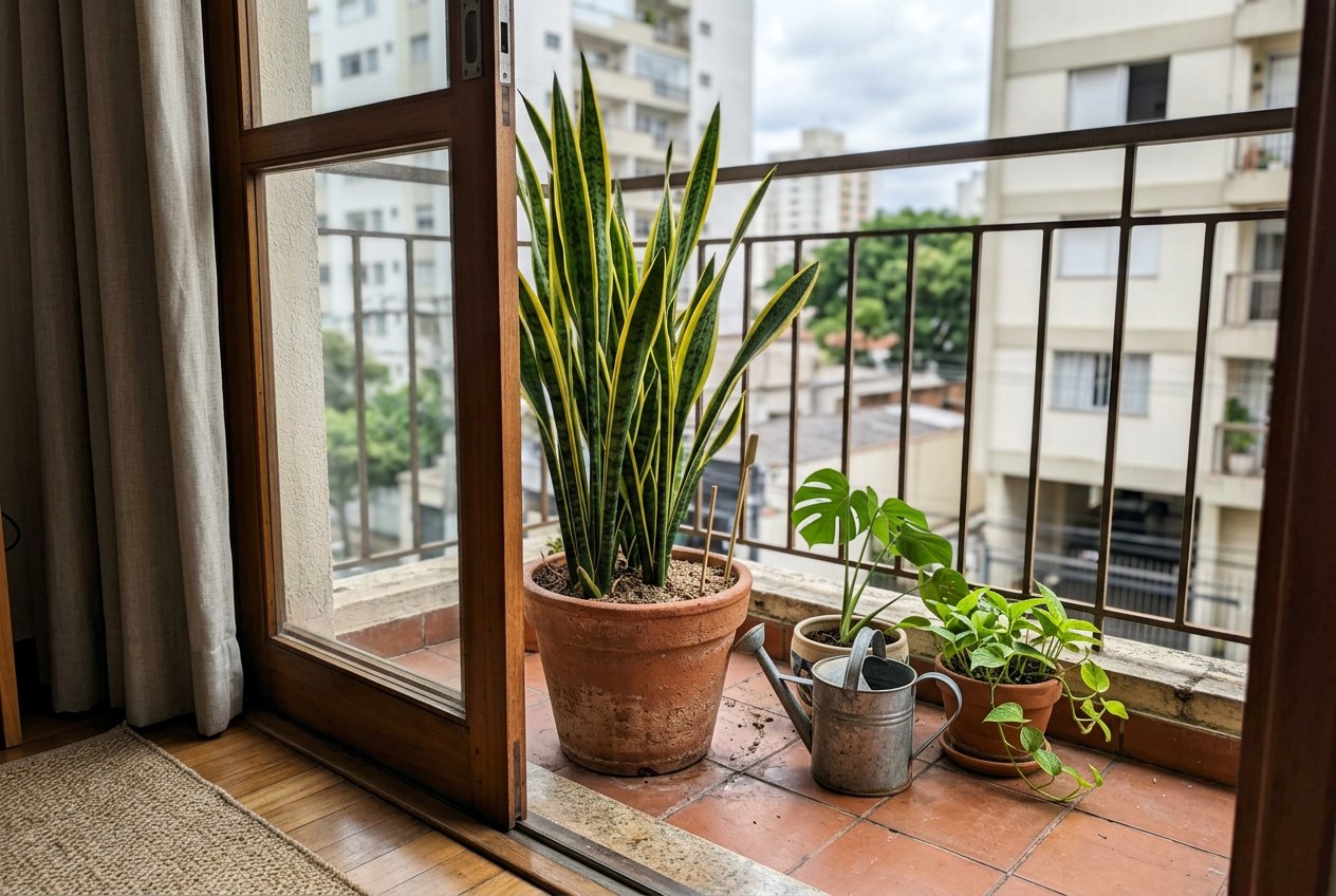 Espada-de-são-jorge em vaso de barro perto da porta da varanda, com palito espetado na terra seca