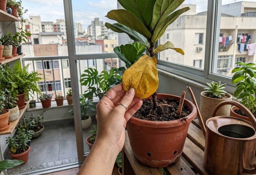 Folha amarelada de uma planta em vaso perto da janela, com palito de churrasco espetado na terra