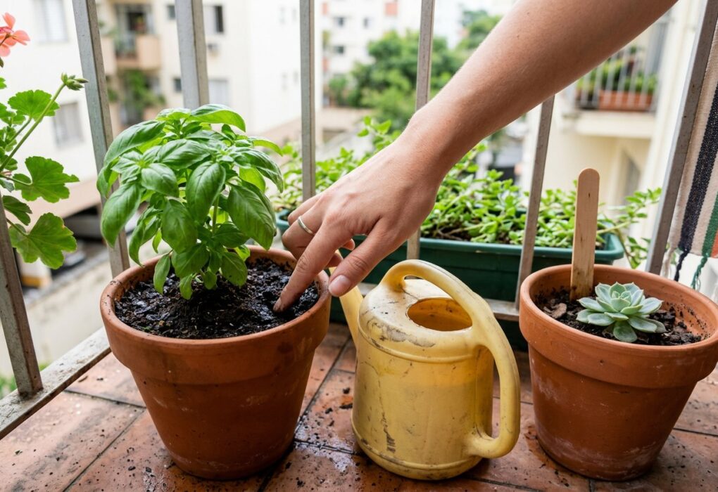 Dedo testando a umidade da terra de um vaso de manjericão ao lado de um regador