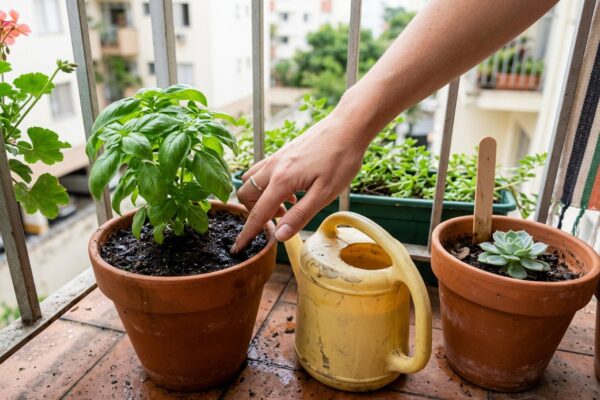 Dedo testando a umidade da terra de um vaso de manjericão ao lado de um regador