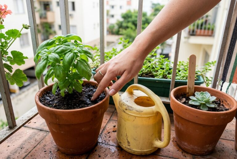 Dedo testando a umidade da terra de um vaso de manjericão ao lado de um regador