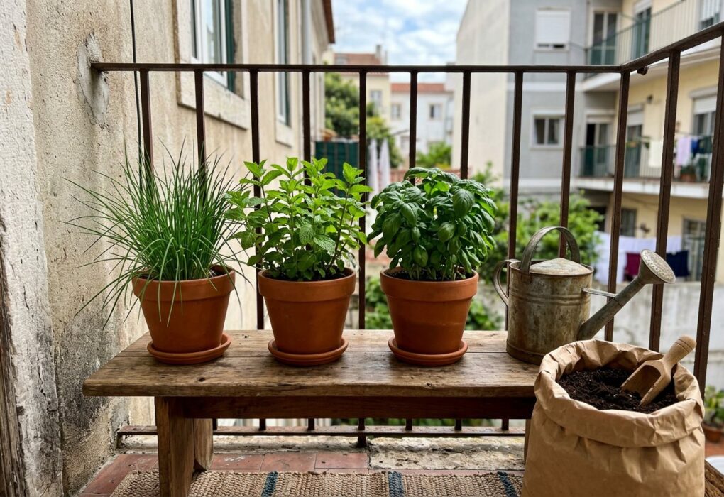 Três vasos de temperos numa varanda de apartamento com regador e saco de terra ao lado