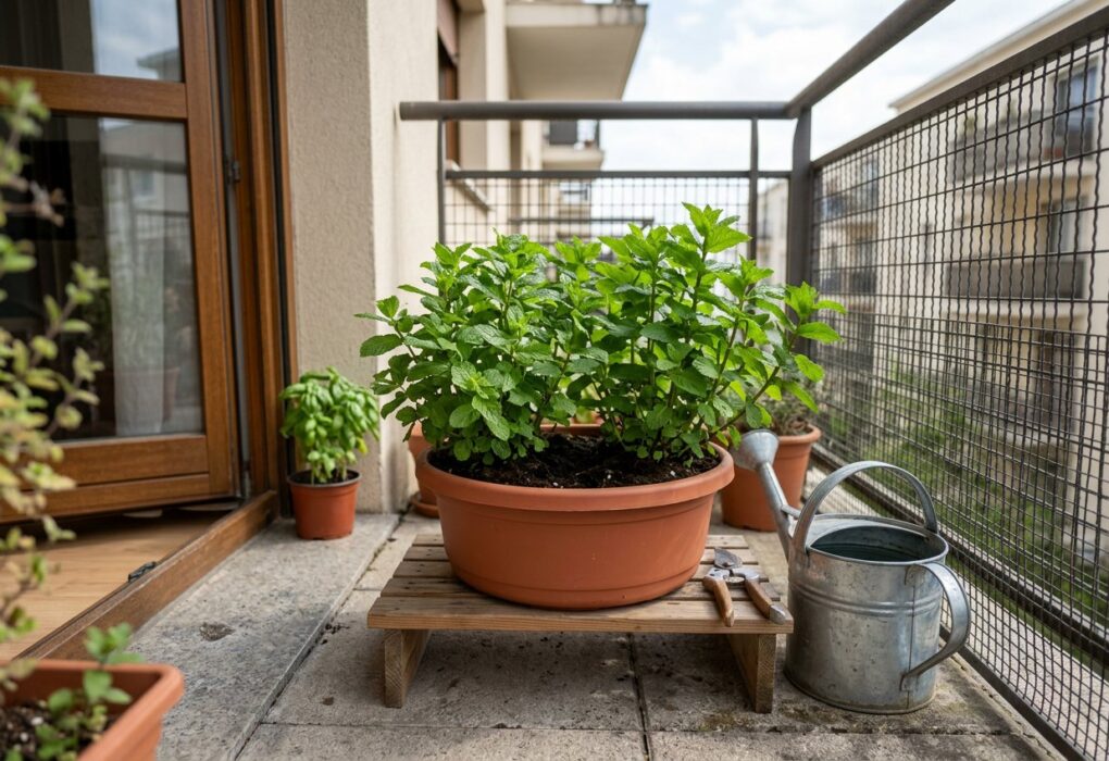 Vaso largo e baixo com hortelã numa varanda pequena de apartamento