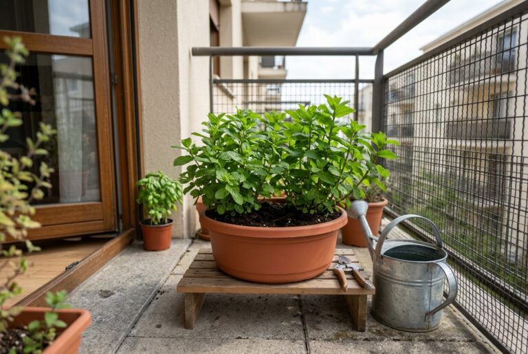 Vaso largo e baixo com hortelã numa varanda pequena de apartamento