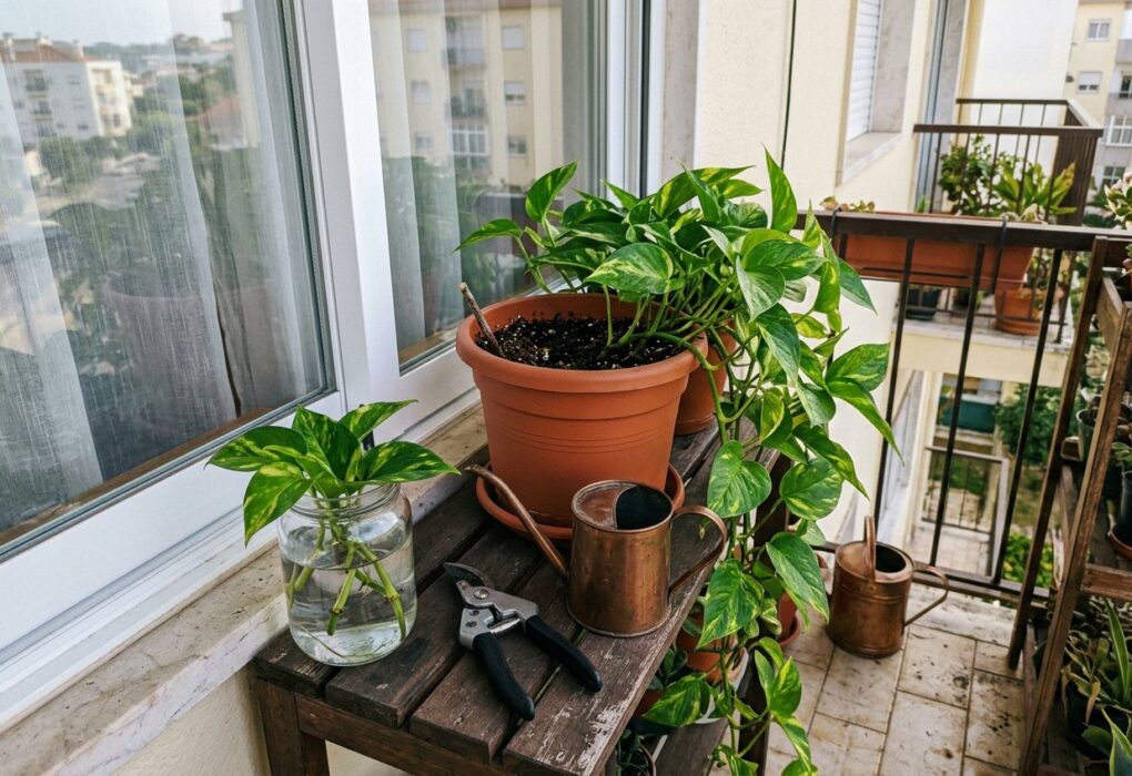 Jiboia em vaso perto da janela com um ramo podado em um copo de água