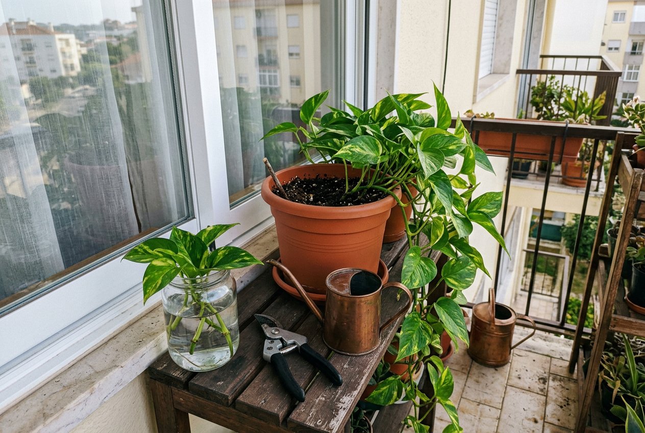 Jiboia em vaso perto da janela com um ramo podado em um copo de água