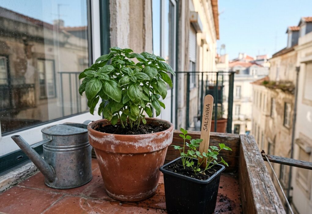 Vaso de barro de manjericão com crosta branca na beirada e vaso de salsinha com palito de madeira na terra, na varanda