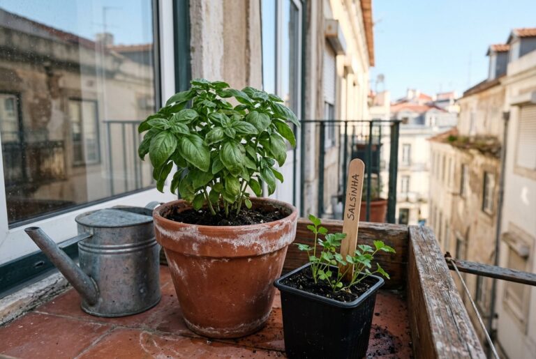 Vaso de barro de manjericão com crosta branca na beirada e vaso de salsinha com palito de madeira na terra, na varanda