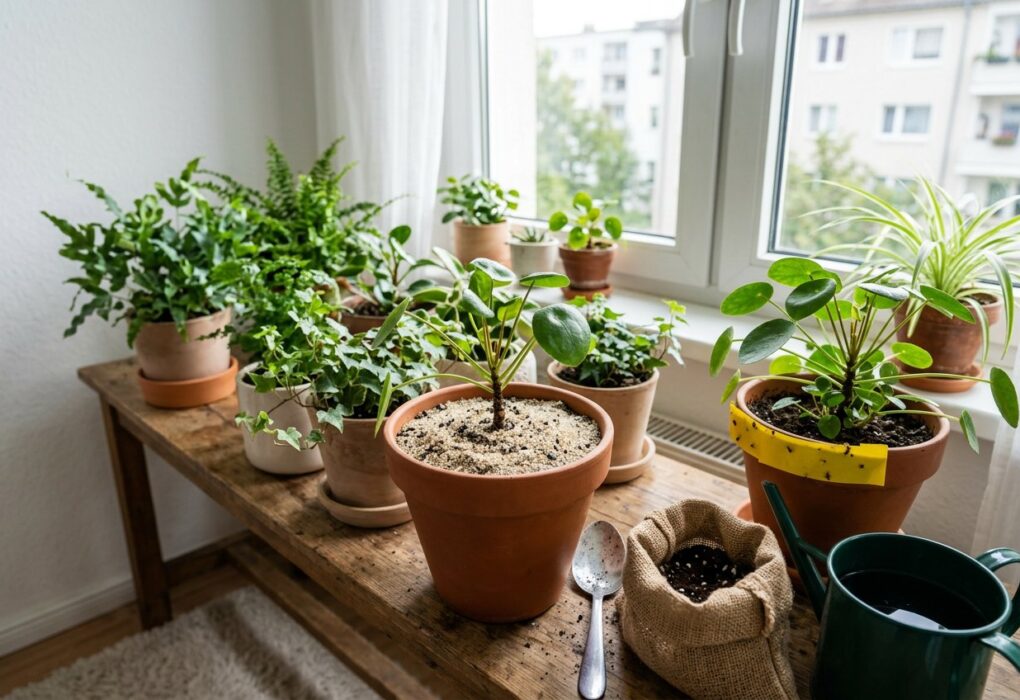 Vaso de folhagem com a terra coberta por areia grossa ao lado de uma colher e de um saco de substrato