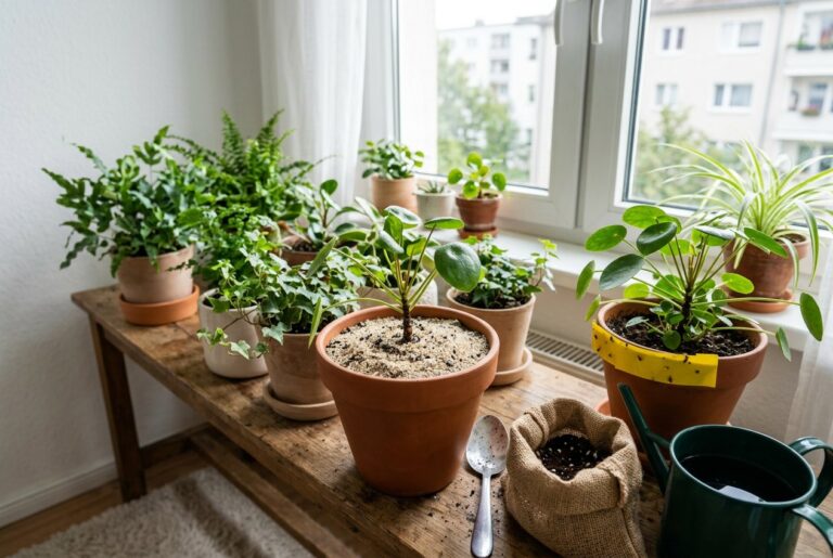 Vaso de folhagem com a terra coberta por areia grossa ao lado de uma colher e de um saco de substrato