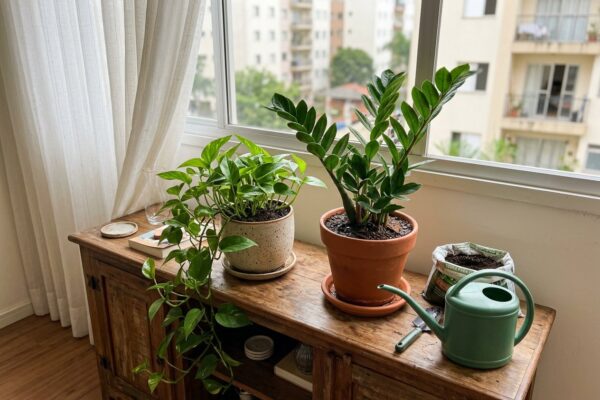 Jiboia e zamioculca em vasos sobre um aparador de sala perto da janela