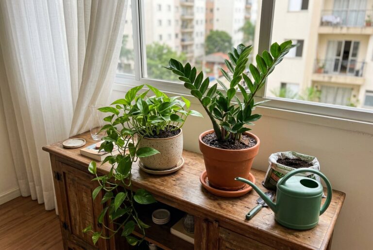 Jiboia e zamioculca em vasos sobre um aparador de sala perto da janela