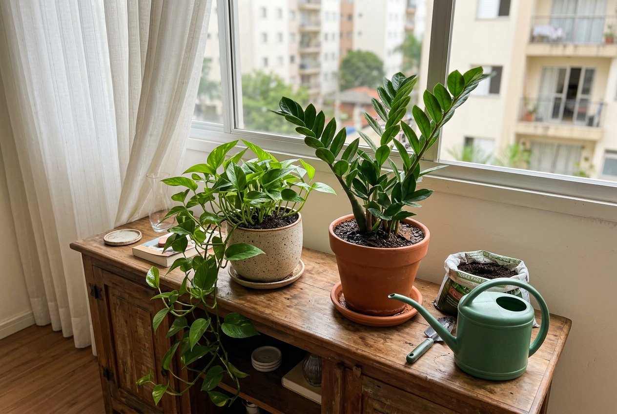 Jiboia e zamioculca em vasos sobre um aparador de sala perto da janela