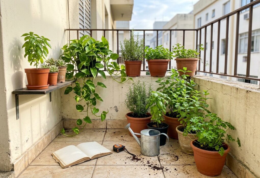 Varanda pequena de apartamento com vasos de temperos junto à parede, prateleira estreita, trena e caderno no chão