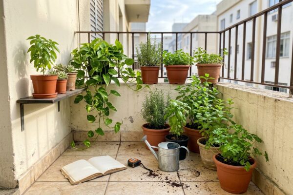 Varanda pequena de apartamento com vasos de temperos junto à parede, prateleira estreita, trena e caderno no chão