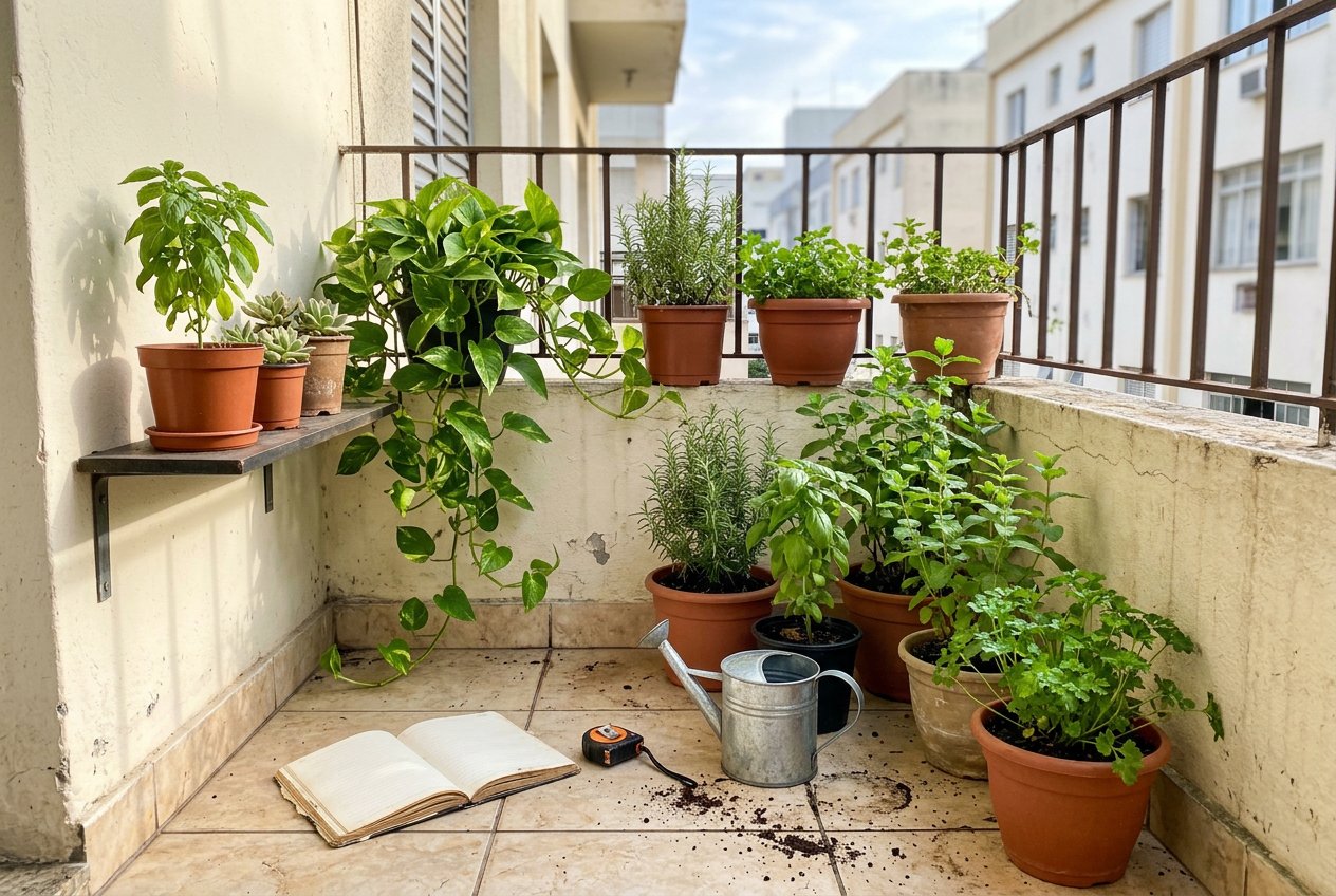 Varanda pequena de apartamento com vasos de temperos junto à parede, prateleira estreita, trena e caderno no chão