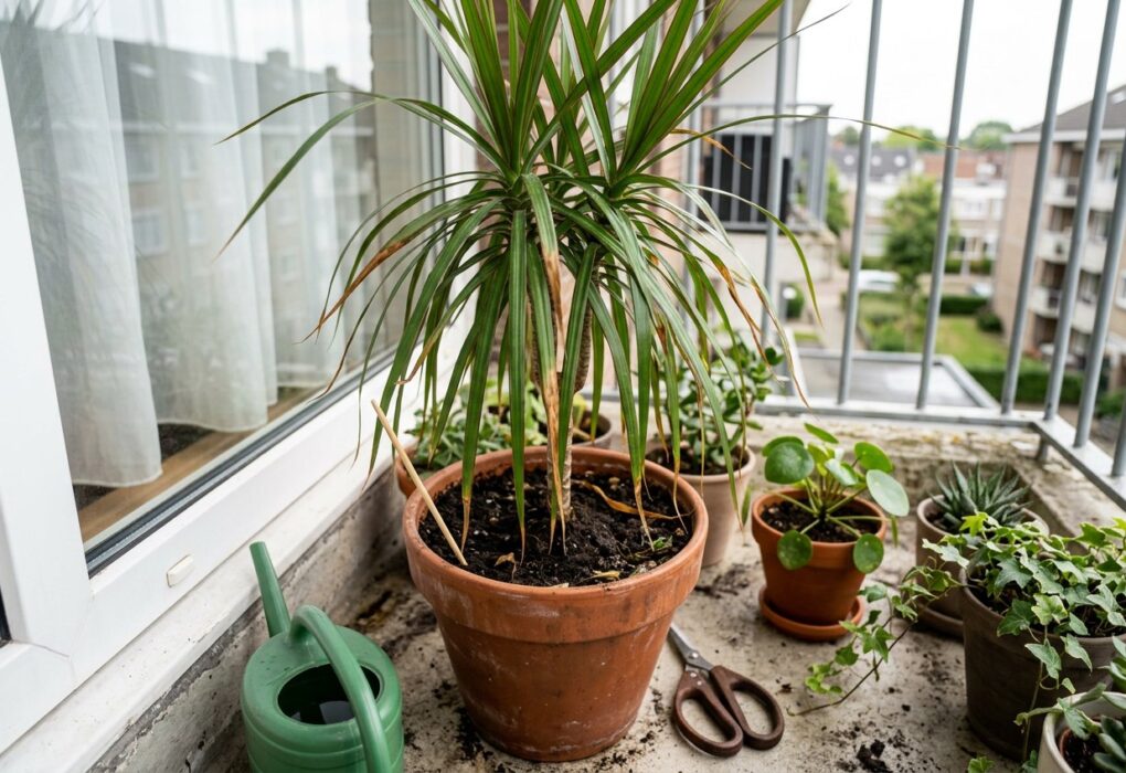 Folhas de dracena com as pontas marrons e secas, com um palito espetado na terra do vaso