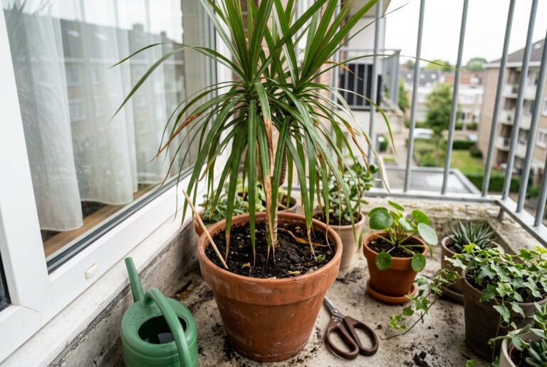 Folhas de dracena com as pontas marrons e secas, com um palito espetado na terra do vaso