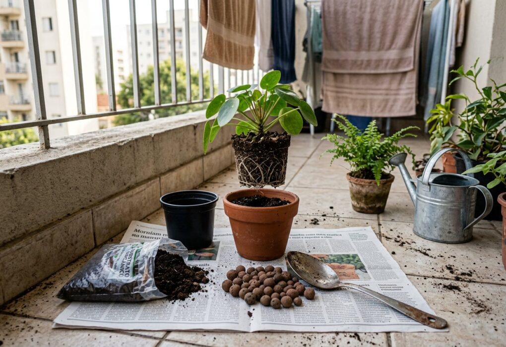 Planta fora do vaso com raízes enroladas no torrão, ao lado de um vaso de barro maior sobre jornal numa varanda