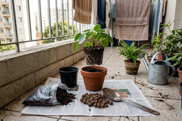Planta fora do vaso com raízes enroladas no torrão, ao lado de um vaso de barro maior sobre jornal numa varanda