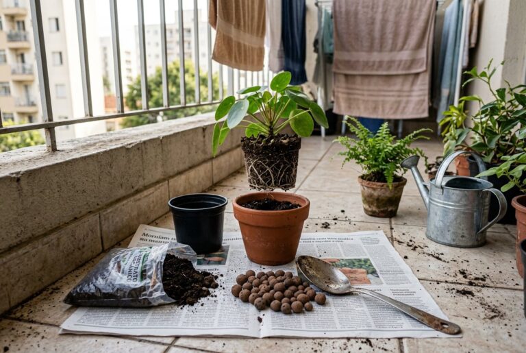 Planta fora do vaso com raízes enroladas no torrão, ao lado de um vaso de barro maior sobre jornal numa varanda