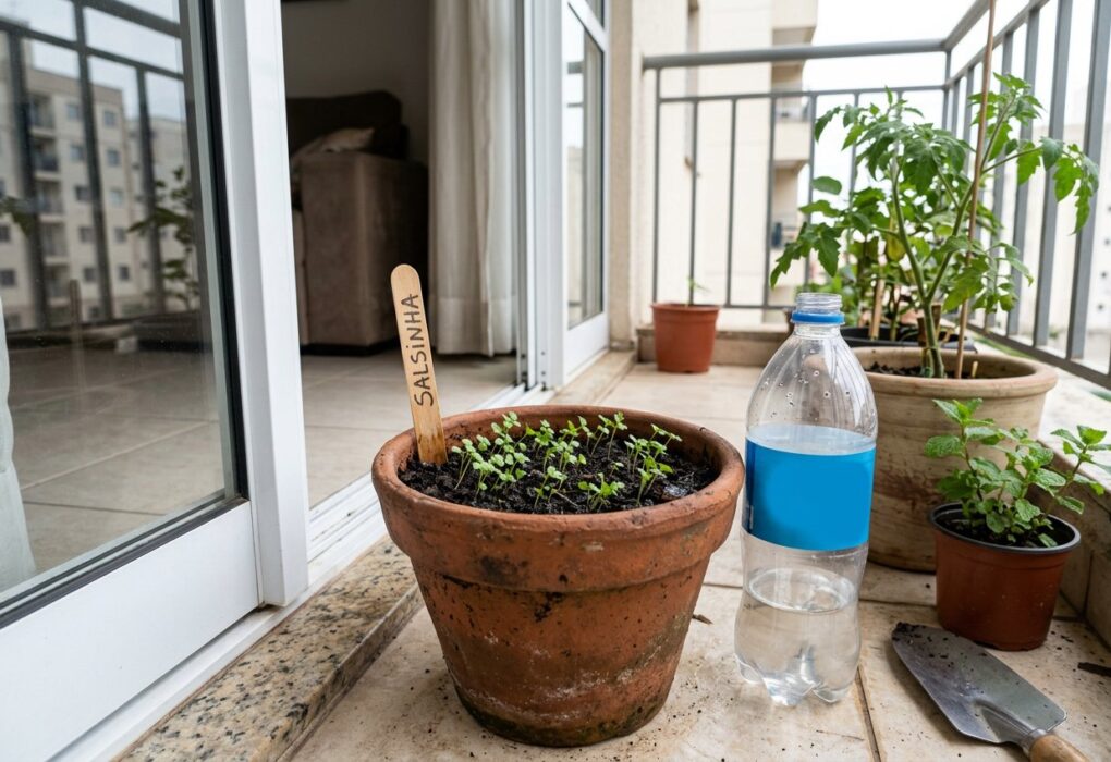 Vaso de barro com mudas finas de salsinha recém-nascidas perto da porta da varanda