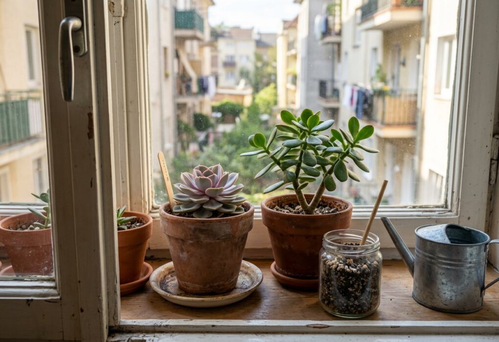 Echevéria e planta-jade em vasos de barro no parapeito da janela, com terra misturada com areia