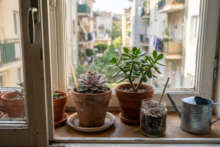 Echevéria e planta-jade em vasos de barro no parapeito da janela, com terra misturada com areia