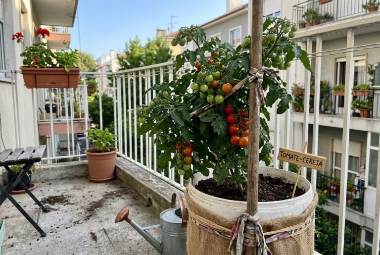 Pé de tomate-cereja num balde com estaca de cabo de vassoura no canto de uma varanda de apartamento