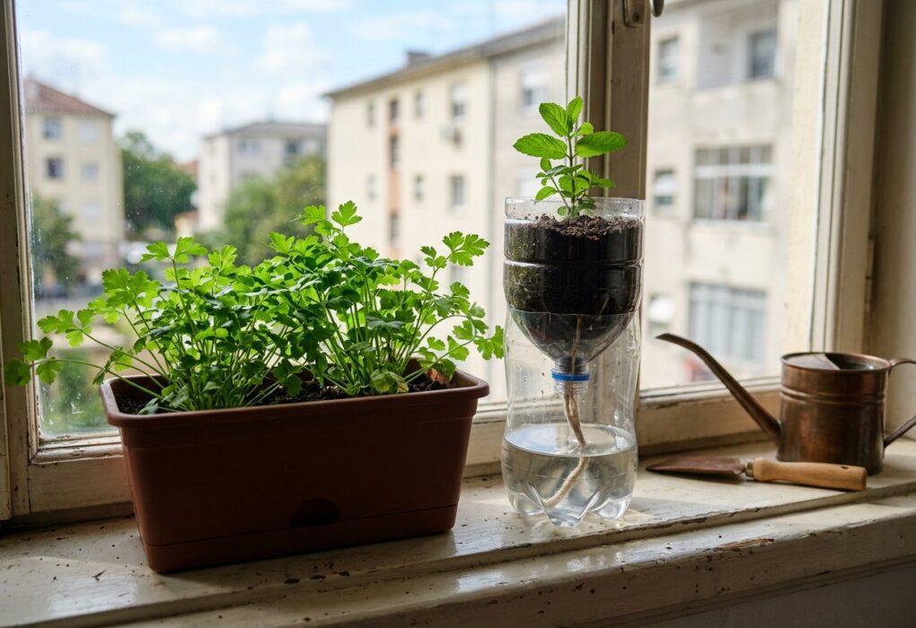 Vaso autoirrigável com salsinha ao lado de uma garrafa PET com muda de hortelã e barbante, perto da janela