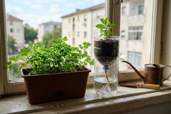 Vaso autoirrigável com salsinha ao lado de uma garrafa PET com muda de hortelã e barbante, perto da janela