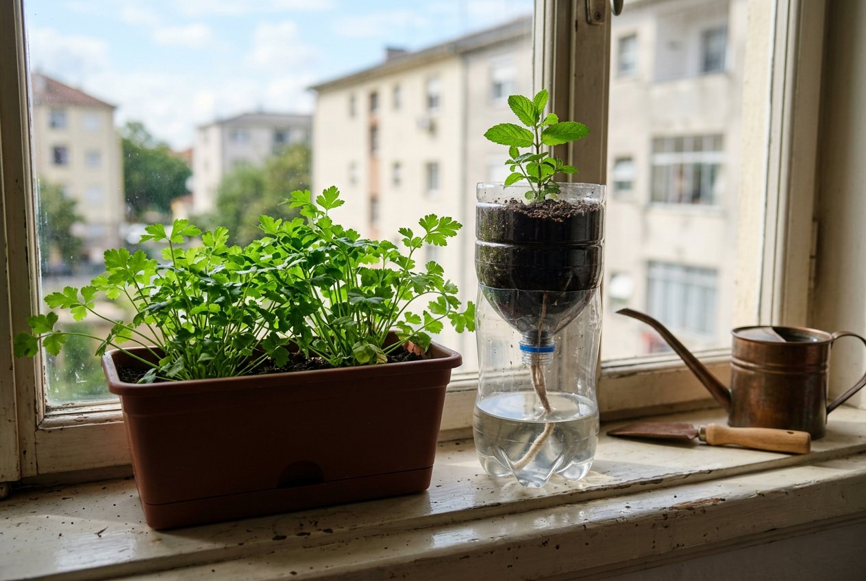 Vaso autoirrigável com salsinha ao lado de uma garrafa PET com muda de hortelã e barbante, perto da janela