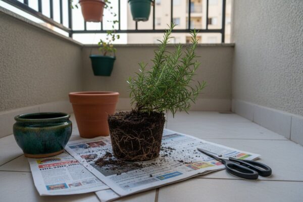 Alecrim fora do vaso, com o torrão de terra úmida sobre jornal, ao lado de um vaso de barro vazio na varanda